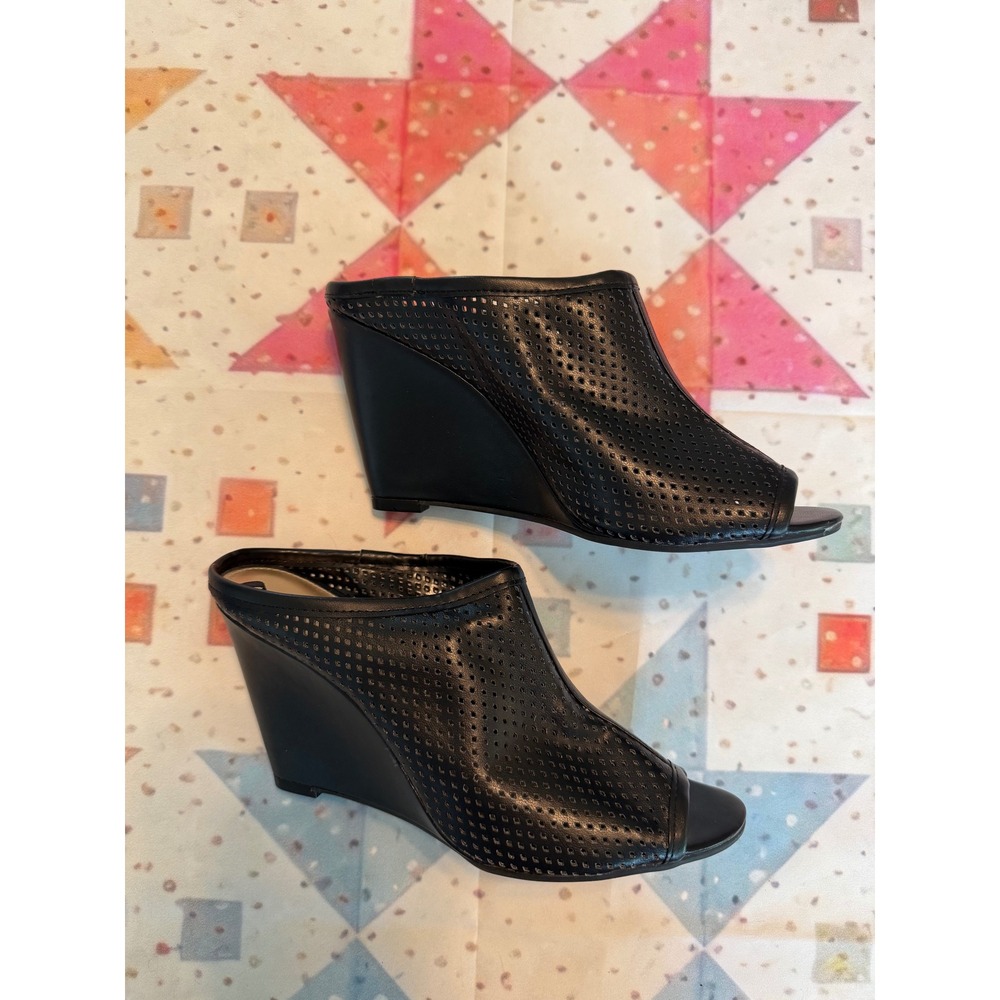 Christian Siriano for Payless Black Perforated Wedge Mules Peep Toe Sandals 9